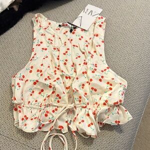 Zara Cream Crop Top with Cherry Print and Drawstring